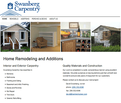 swanberg carpentry website screen capture